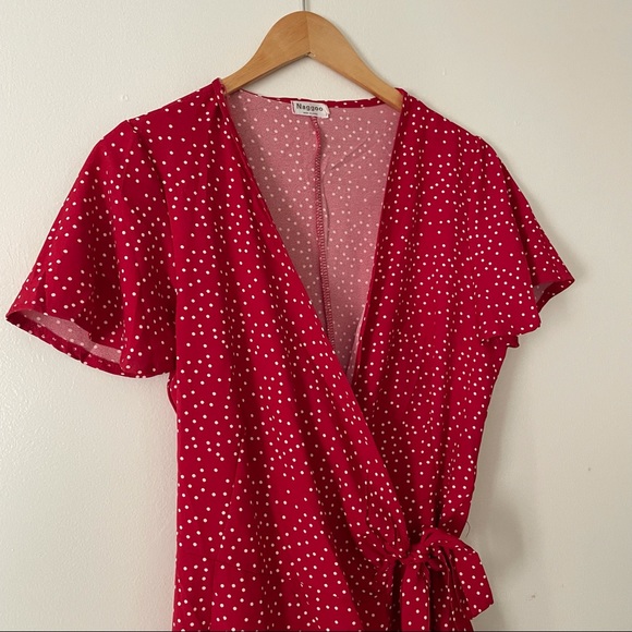 V-Neck Polka Dot Wrap Short Sleeve Mini Dress - Picture 4 of 7